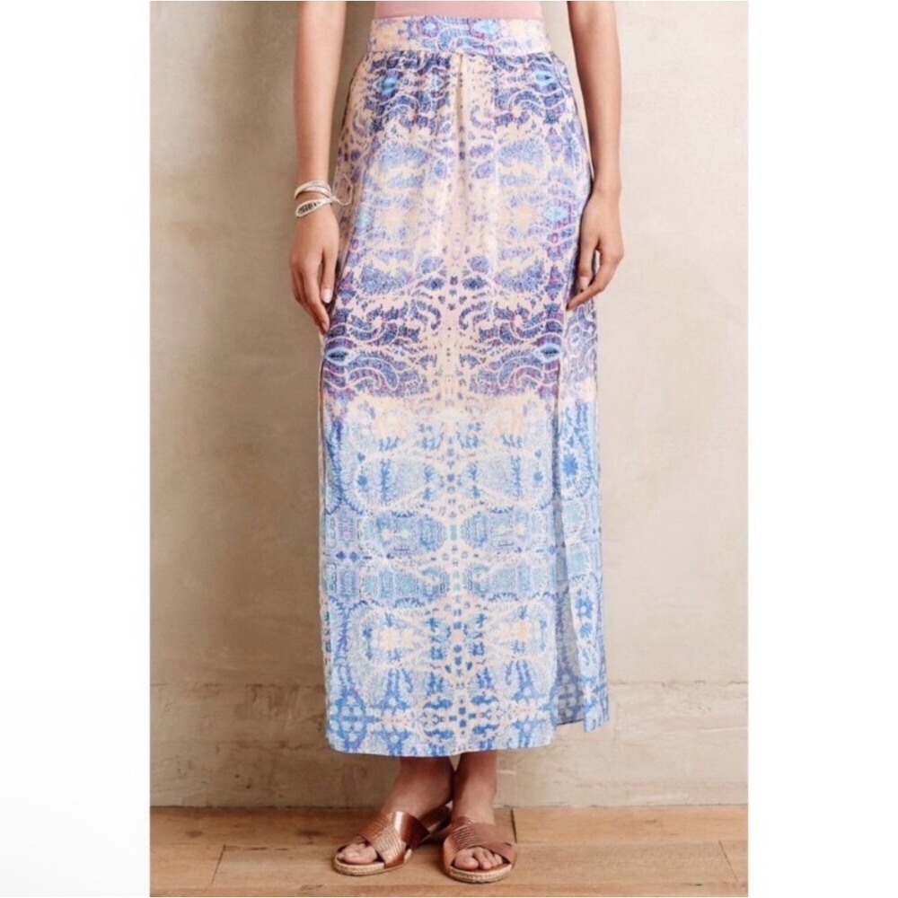 Maeve Anthropologie Blue Purple Paisley Damask Silk Side Slit Maxi Skirt Small